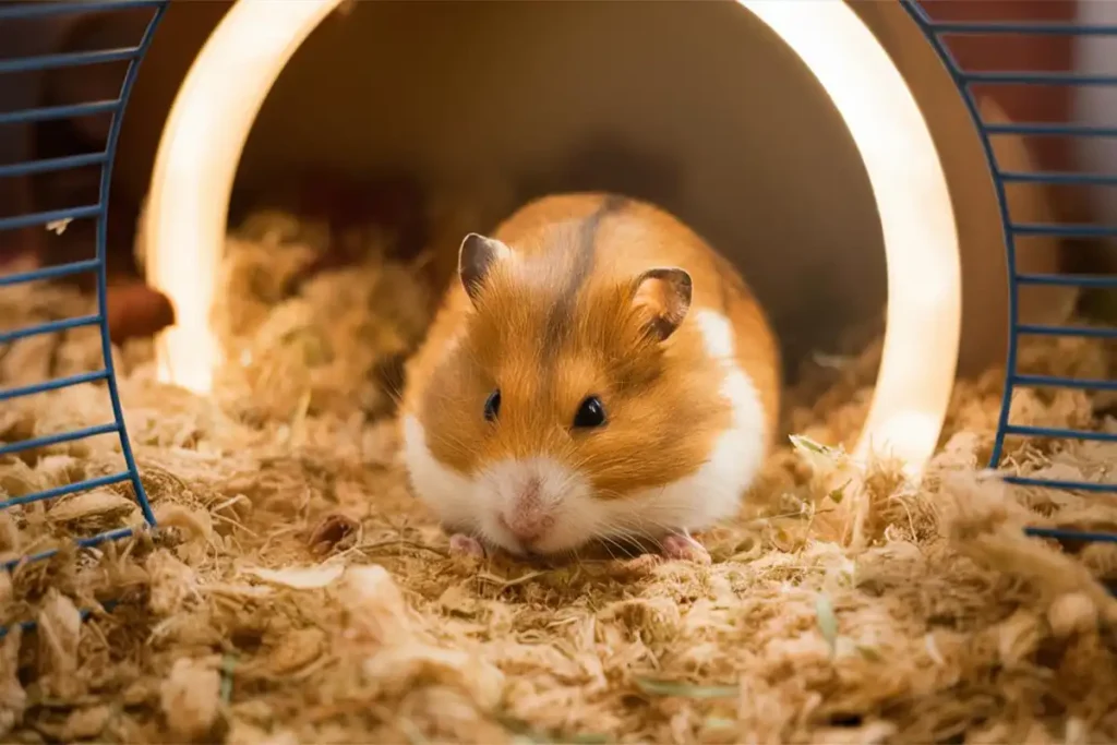 Cute orange and white hamster peeking out from a cardboard tunnel onto soft wood shaving bedding inside its cage.