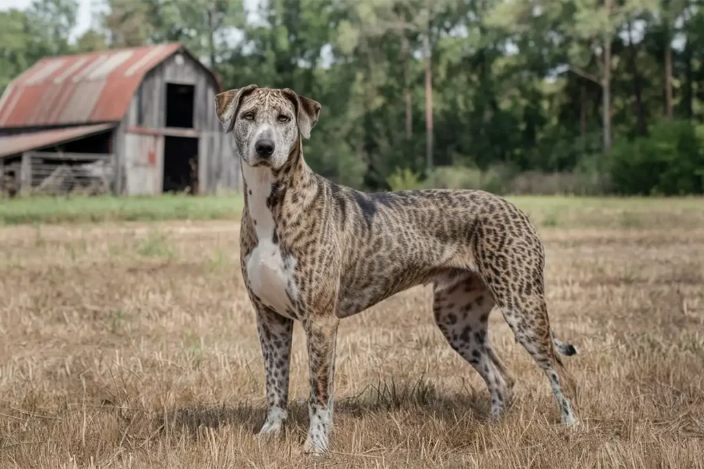 A Catahoula Leopard Dog with a brindle and spotted coat standing alertly in a dry field with a weathered barn in the background.