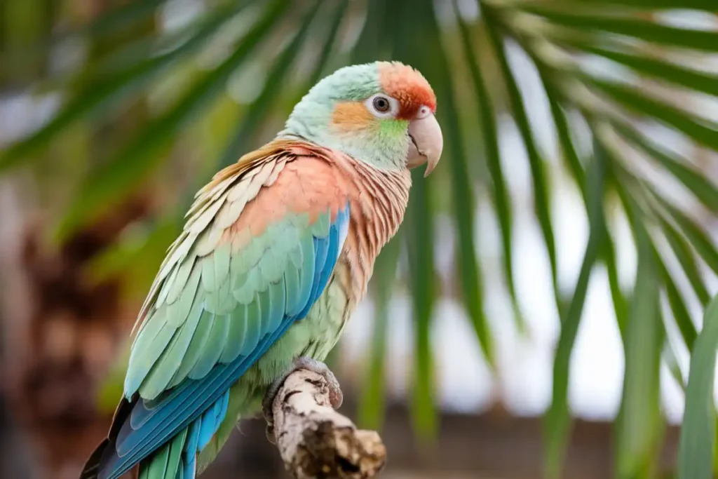 A Cinnamon Quaker parrot with a pale tan-peach head, lighter green and blue wings, perches on a thick branch against blurred green palm leaves.
