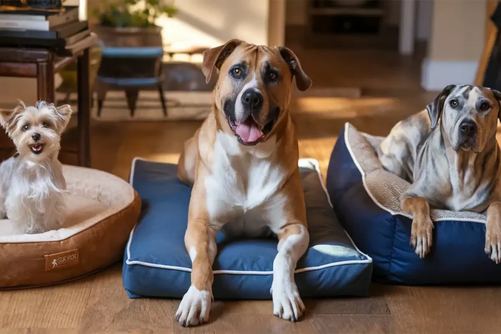 Three dogs of different sizes - small, medium, and large - sitting and lying on appropriately sized bedding for dogs arranged side-by-side on a wooden floor.