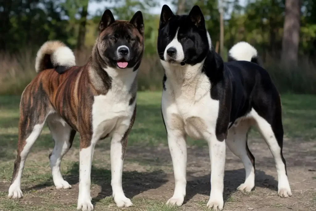 Two American Akitas, one brindle and white, the other black and white, standing side-by-side outdoors on dirt ground, The Question is "Are Akitas Dangerous Dogs?