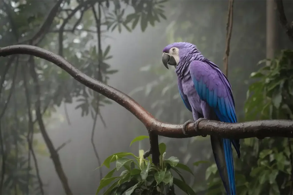 A vibrant purple and blue macaw perched on a thick, wet branch in a misty, green rainforest.