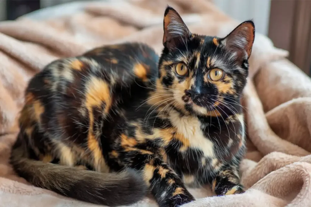 A medium-haired tortoiseshell cat with mottled black, orange, and cream fur lies curled on a soft beige blanket, looking alertly towards the camera with golden eyes.