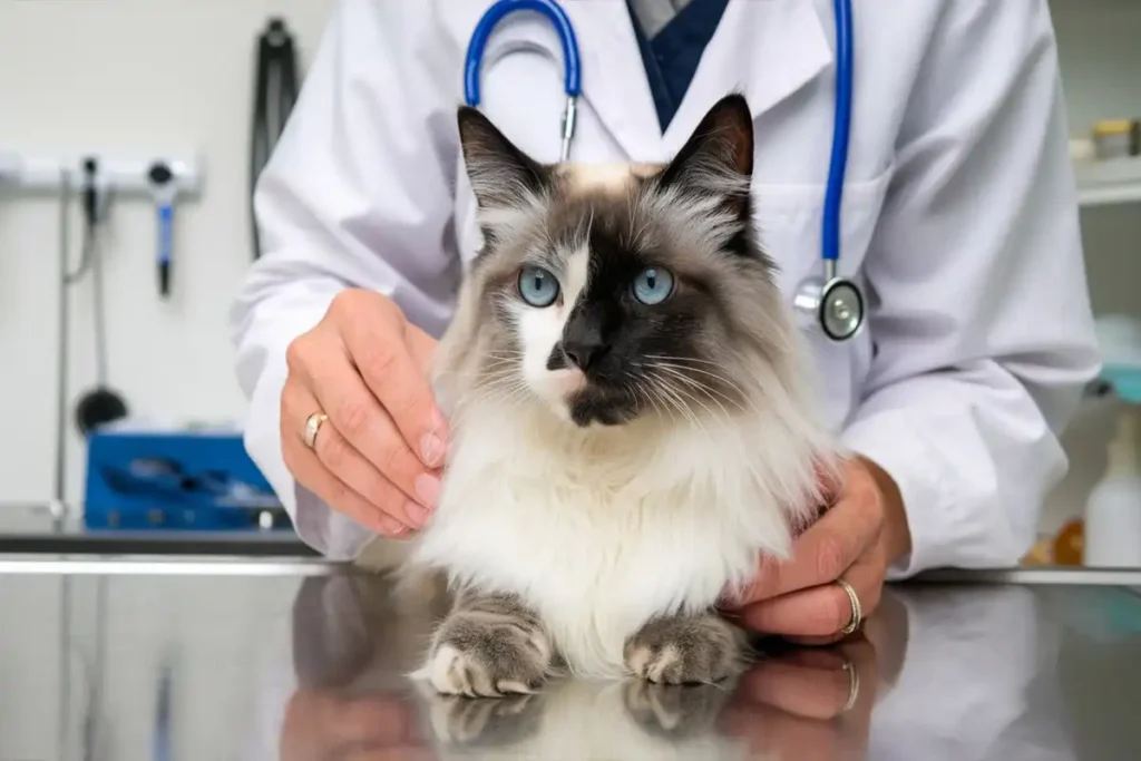 A fluffy, long-haired cat with striking blue eyes and a face split perfectly down the middle (half dark seal point, half light cream point) sits calmly on a stainless steel vet examination table while a vet in a white coat gently holds it?Are Chimera Cats Sterile?