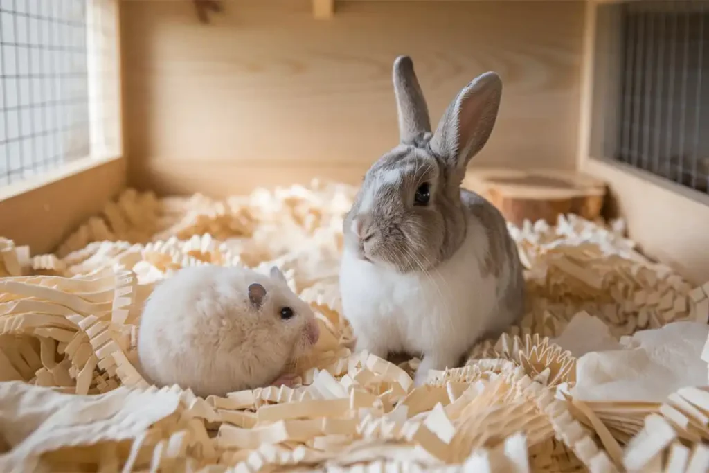 A white hamster and a grey-and-white rabbit sit together in a wooden enclosure filled with light brown crinkled Pet Bedding Paper.