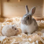 A white hamster and a grey-and-white rabbit sit together in a wooden enclosure filled with light brown crinkled Pet Bedding Paper.