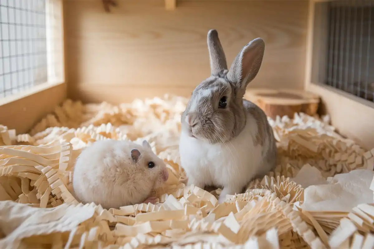 A white hamster and a grey-and-white rabbit sit together in a wooden enclosure filled with light brown crinkled Pet Bedding Paper.