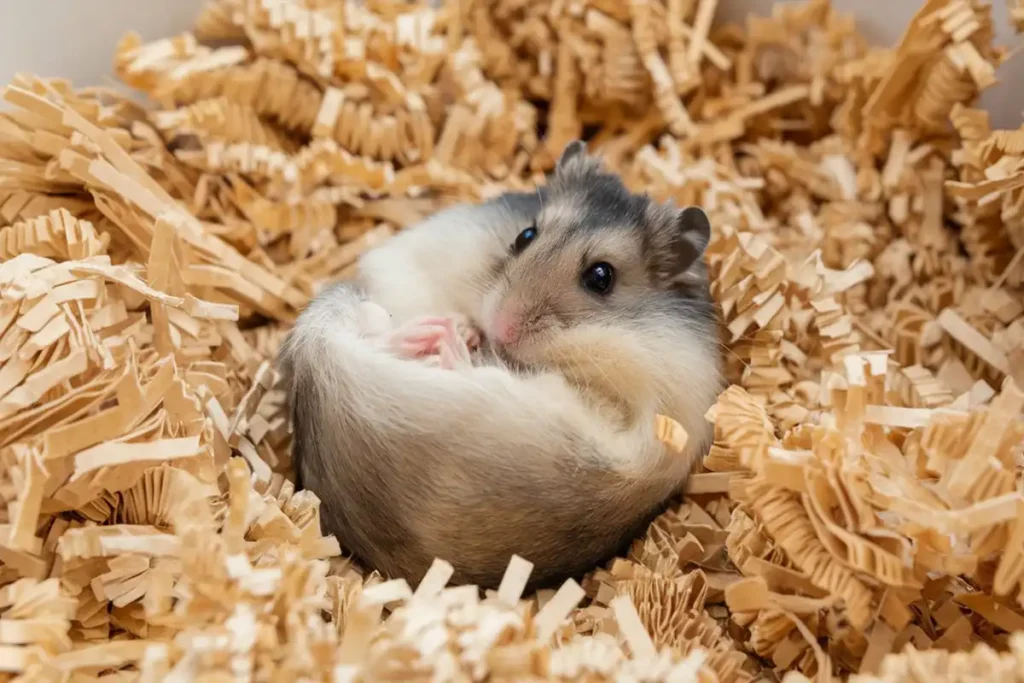 A small grey, white, and tan hamster curled up comfortably in a deep nest of light brown crinkled Pet Bedding Paper.
