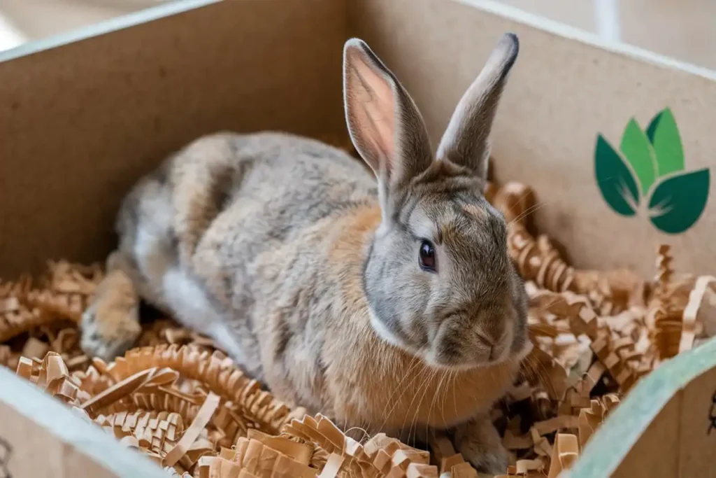 A brown rabbit lies relaxed in a cardboard box filled with crinkled Pet Bedding Paper. A green leaf logo is visible on the box.