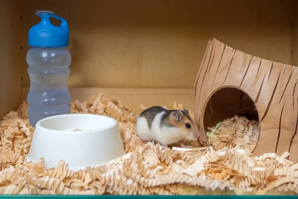 A small hamster explores its cage environment, which includes a water bottle, food bowl, cardboard log hideout.