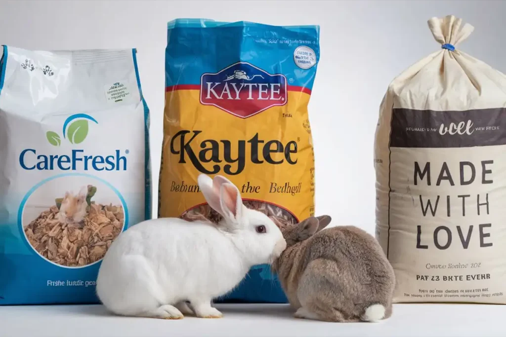 A white rabbit and a brown rabbit touch noses in front of three large bags of different brands of Pet Bedding Paper, including CareFresh and Kaytee.
