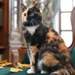 Chimera cat with a half black, half orange face sitting on a green chair surrounded by autumn leaves.