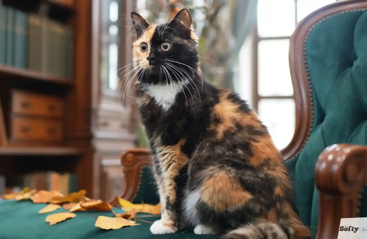 Chimera cat with a half black, half orange face sitting on a green chair surrounded by autumn leaves.