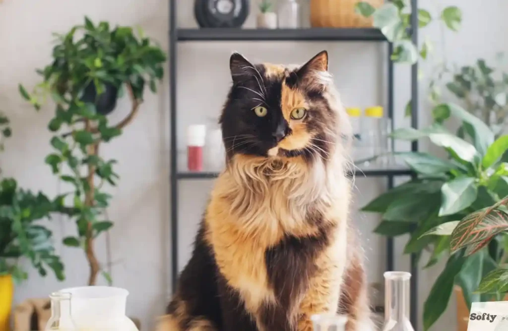 Chimera cat sitting near lab beakers during DNA testing
