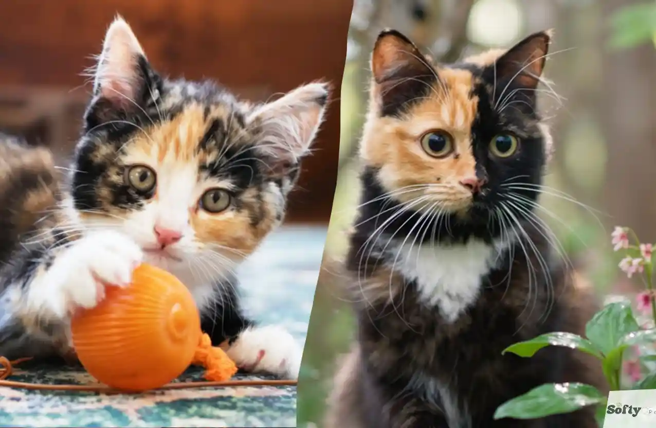 Split-screen of a calico kitten and a chimera cat.