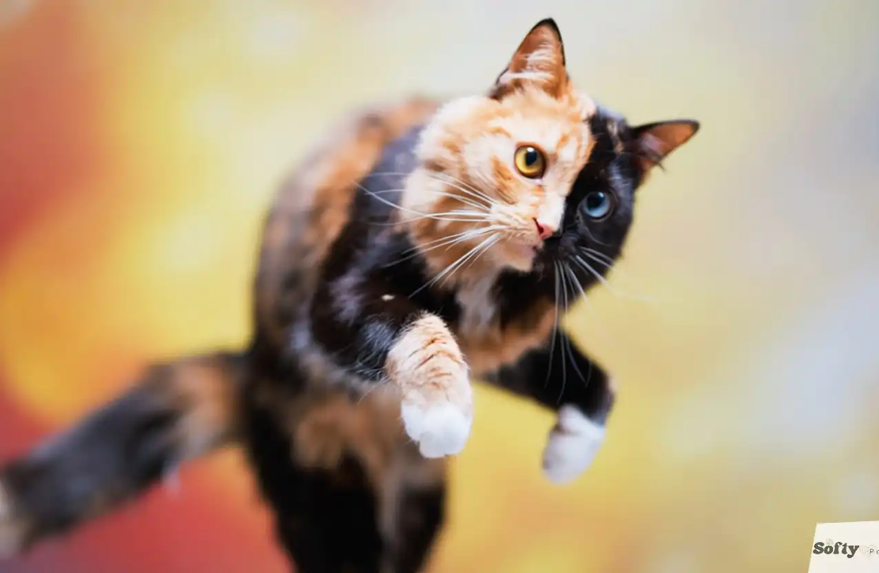 Playful chimera cat with half-black, half-orange face and different-colored eyes.