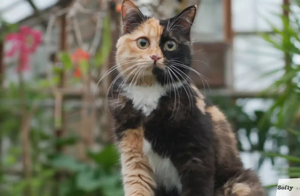 Chimera cat with a two-toned face sitting in a lush green garden.