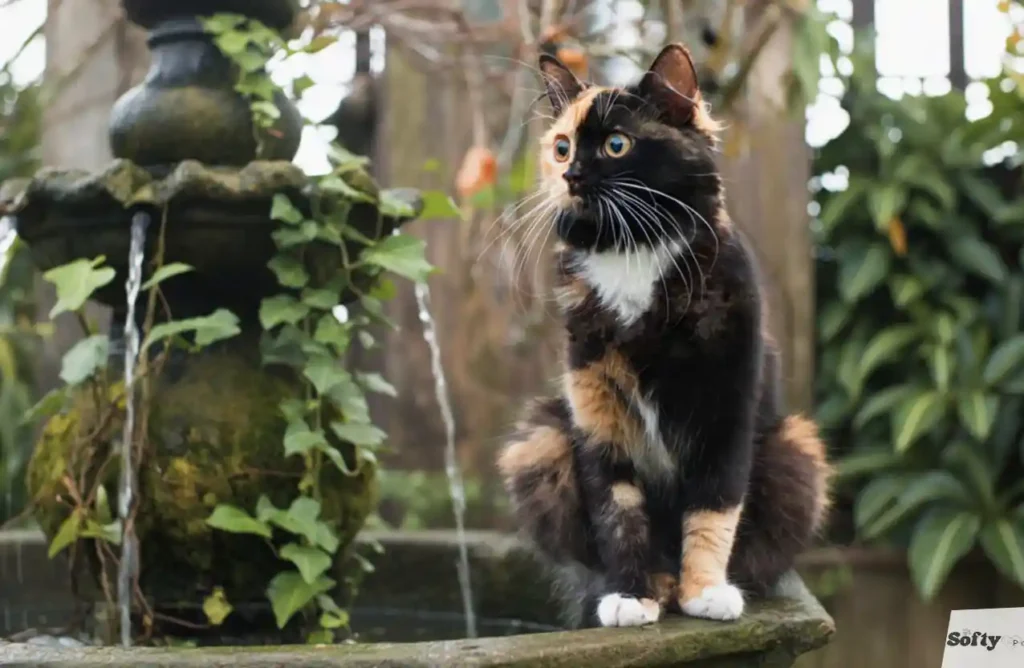 Chimera cat with split face sitting by a garden fountain.