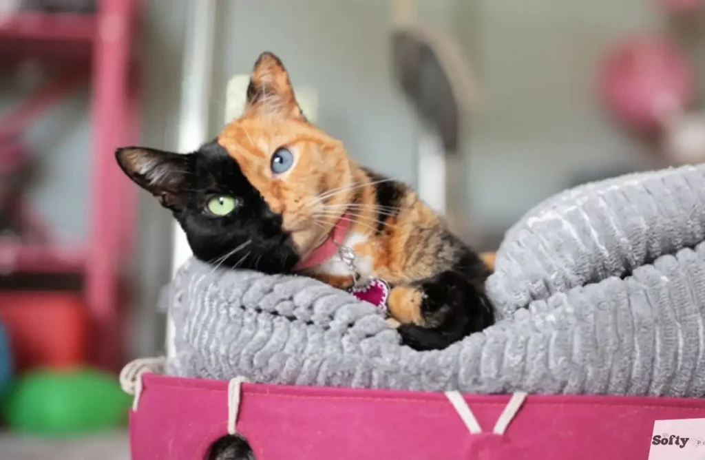 Venus the chimera cat resting in a cozy bed with split-colored face and mismatched eyes.