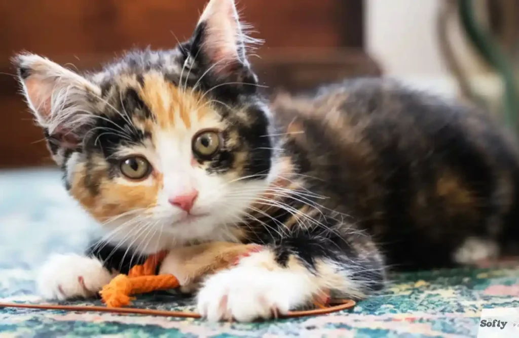 Playful calico kitten on a carpet with a toy.