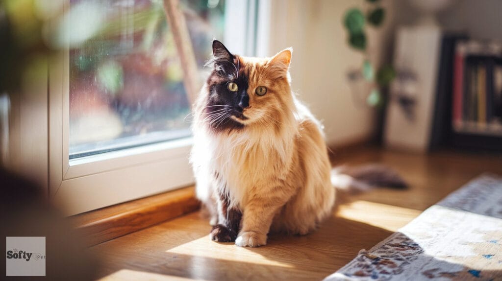 A Chimera cat with a split black and orange face sitting by a window in warm sunlight.