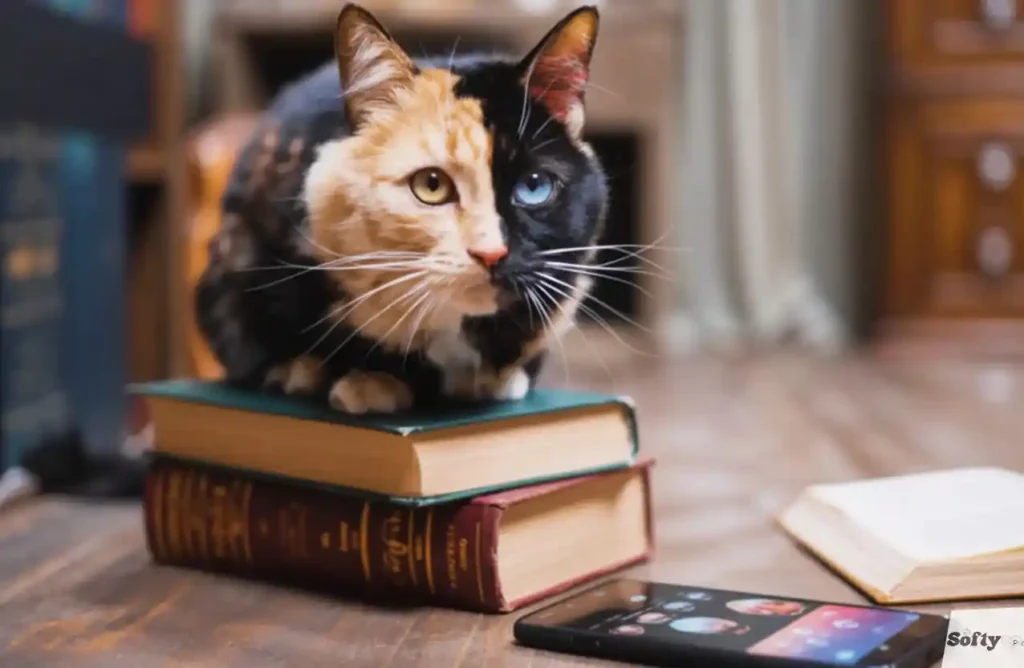 Chimera cat with a split black-and-orange face sitting on books beside a smartphone.