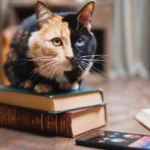 Chimera cat with a split black-and-orange face sitting on books beside a smartphone.