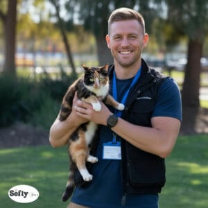 Pet expert holding a calico chimera cat