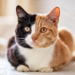 Split-faced chimera cat with black and orange fur markings sitting on the floor