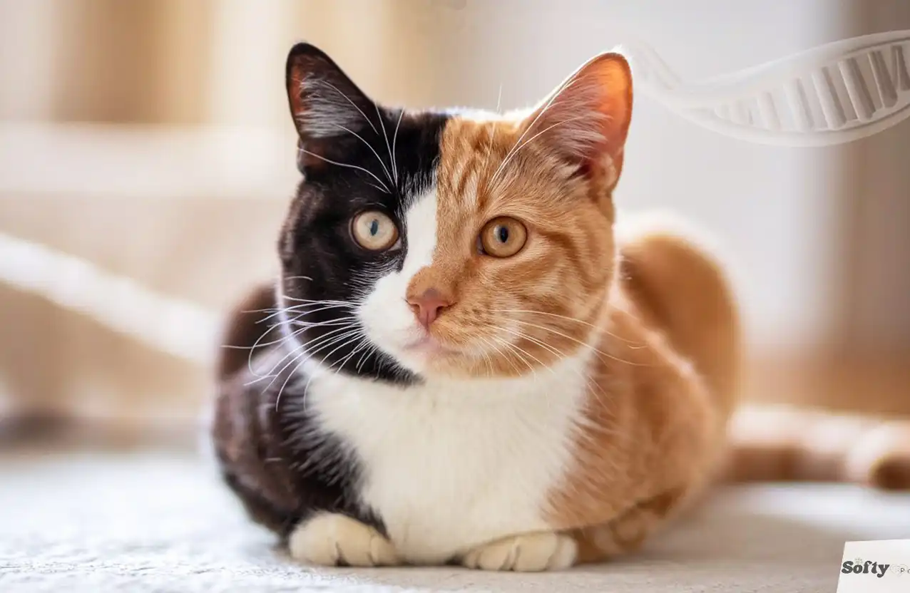 Split-faced chimera cat with black and orange fur markings sitting on the floor